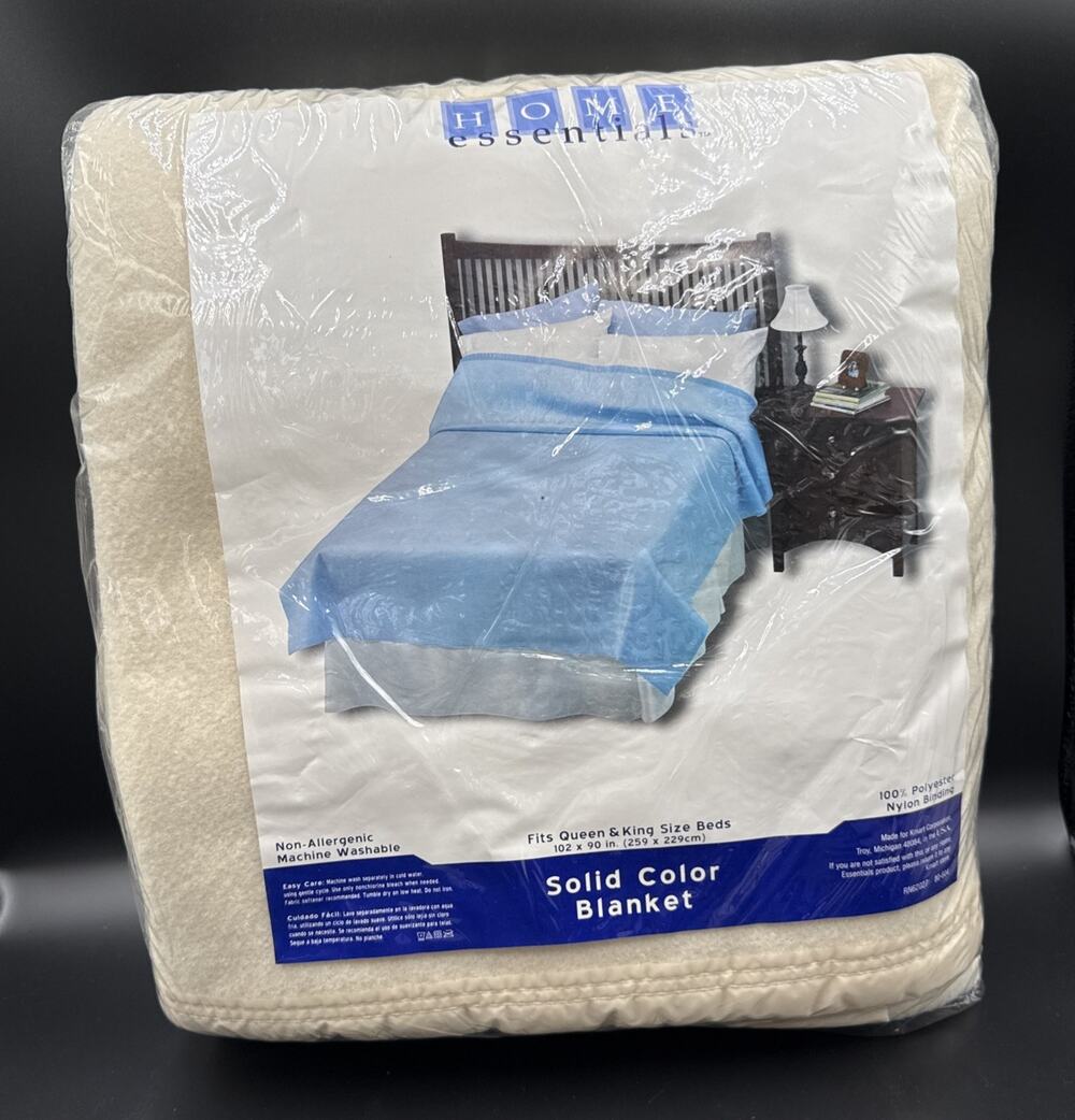 Vtg Kmart Essential Home Queen King Blanket 102" x 90" Off White Nylon Binding